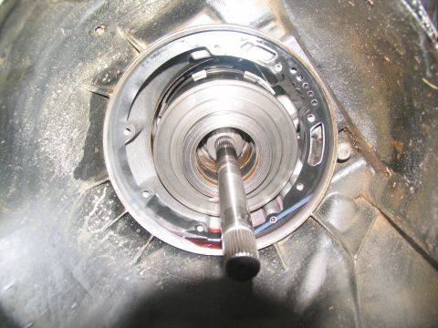 1978 Ford Bronco - Close-up view of the internal components of an automatic transmission, showing the torque converter housing and input shaft.