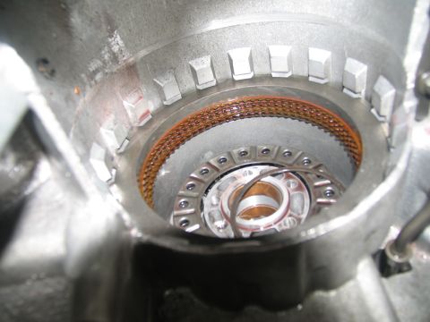1978 Ford Bronco - A close-up view of a transmission's internal components, showing a torque converter clutch assembly.