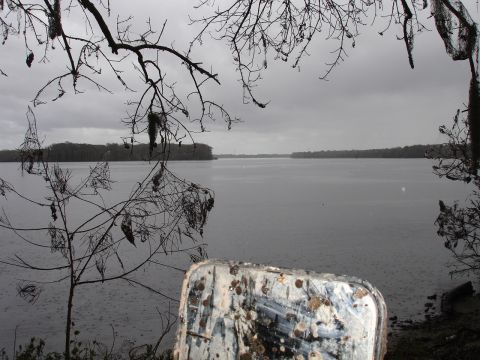 1989 Ford Bronco - A weathered vehicle part rests in the foreground against a backdrop of a calm lake and overcast sky.