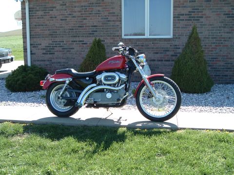 2002 Harley-Davidson Sportster Custom - A red 2002 Harley-Davidson Sportster Custom motorcycle is parked on a sidewalk in front of a brick building.