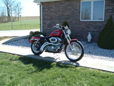 2002 Harley-Davidson Sportster Custom - A red Harley-Davidson motorcycle is parked on a sidewalk next to a brick building.