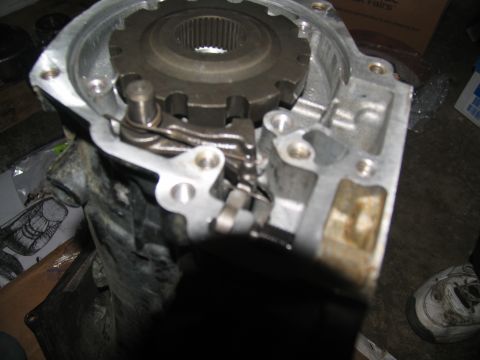 1978 Ford Bronco - Internal view of a transmission, showing gears and shifting mechanisms during a rebuild.