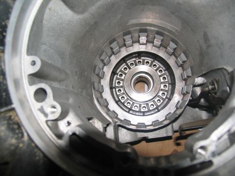 1978 Ford Bronco - Close-up view of the internal components of an automatic transmission, focusing on the torque converter area.