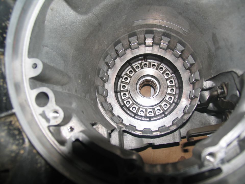 Inside of an automatic transmission housing showing the torque converter clutch assembly
