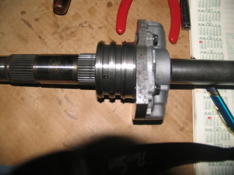 1978 Ford Bronco - Close-up view of a transmission shaft assembly, likely during a rebuild process.