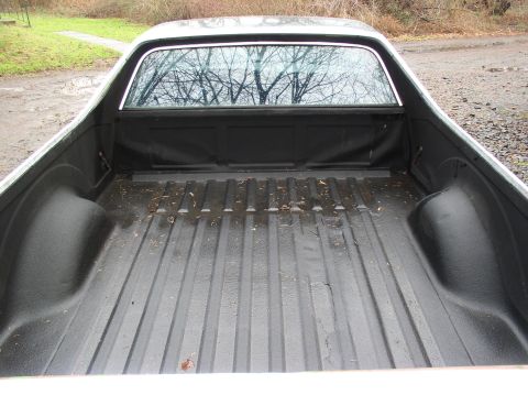 1973 Ford Ranchero - The ribbed bed of a pickup truck shows some debris and water. The rear window reflects bare tree branches.