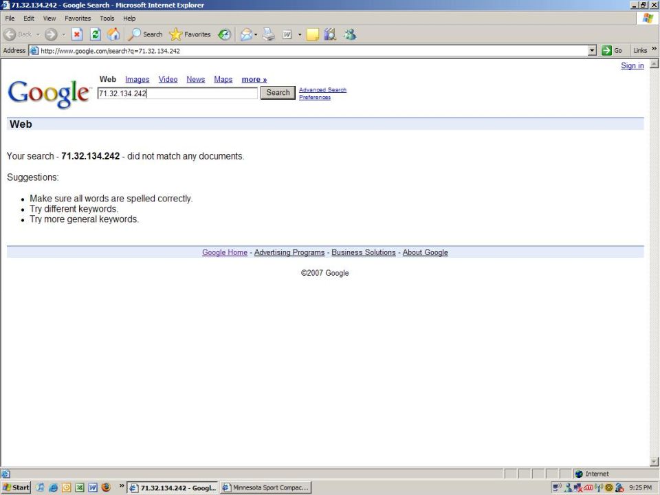 Google search results page showing no matches for 71.32.134.242