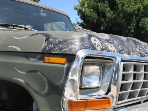 1978 Ford Bronco - added flames to the hood, painted under the shade tree