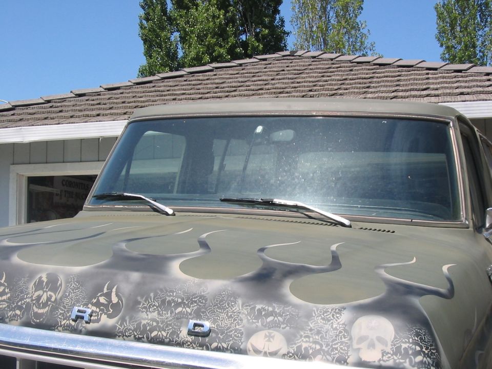 1978 Ford Bronco with flame and skull graphics, front view
