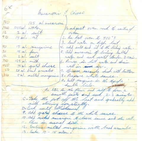 1989 Ford Bronco - Handwritten recipe for Macaroni & Cheese, detailing ingredients and step-by-step instructions.