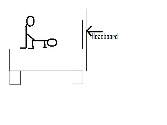 Crude stick-figure drawing of person on a bed with labeled headboard