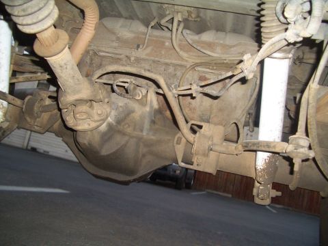 1988 Ford Bronco - Undercarriage view shows the rear axle, driveshaft, fuel tank, and suspension components of a vehicle.