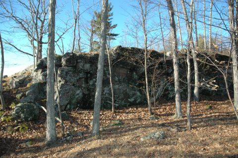 2001 Yamaha WOLVERINE - A natural scene of a rocky formation surrounded by trees in a wooded area during autumn or winter.