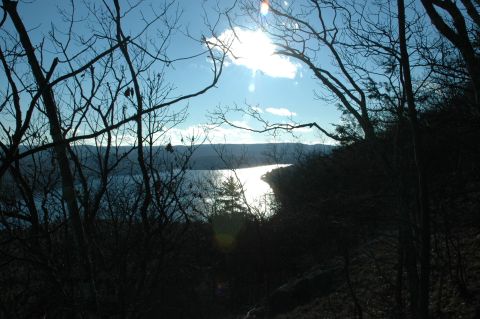 2001 Yamaha WOLVERINE - A bright sun reflects off a lake, viewed through the dark silhouettes of leafless trees.