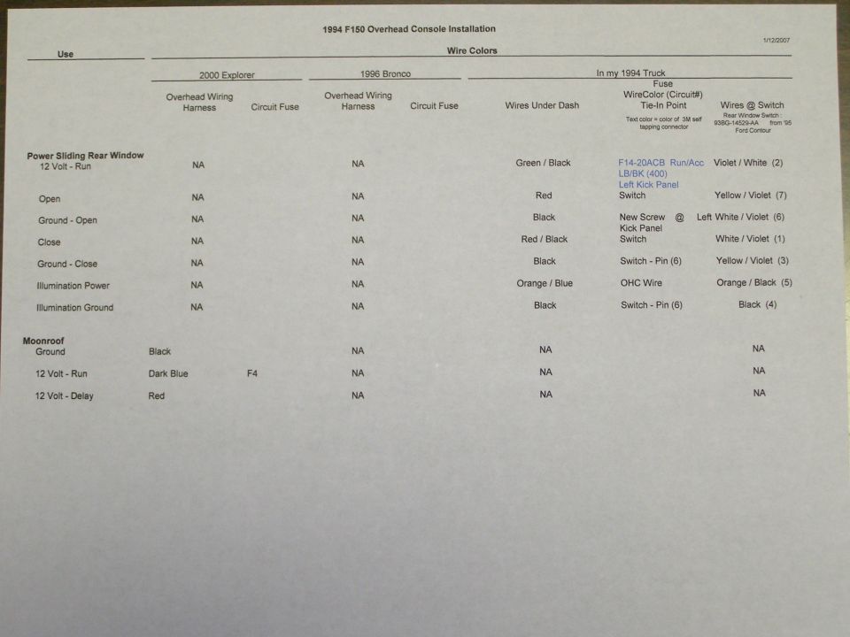 1994 F150 overhead console wire chart for power sliding rear window and moonroof circuits