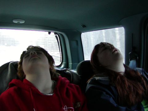 1979 Ford F-150 - Two passengers are asleep in the back seat of a vehicle during a trip.