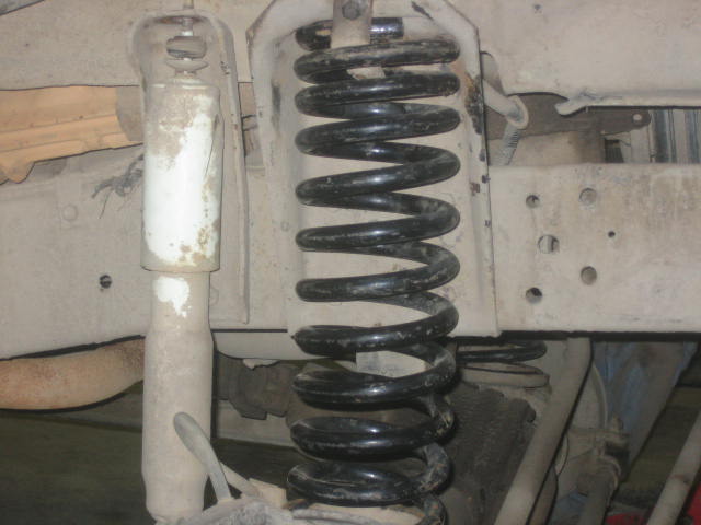 Close-up of a black coil spring and white shock absorber on a vehicle's suspension
