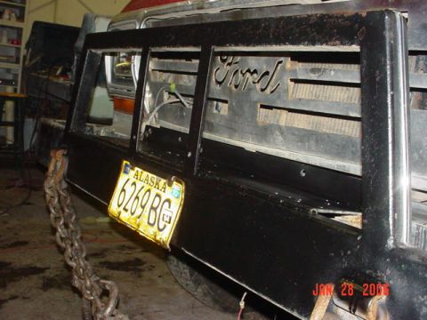 1979 Ford F-150 - Rear view of a 1979 Ford F-150, its grille and a custom bumper.