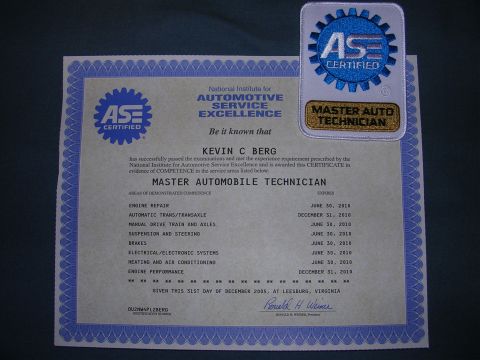 1996 Ford Probe - Certificate and patch for ASE Master Automobile Technician, Kevin C Berg, issued December 2005.