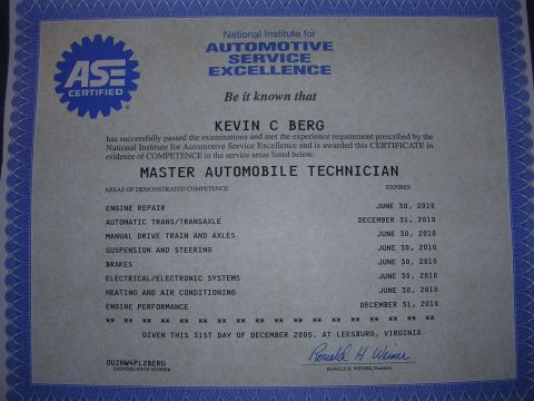 1996 Ford Probe - This certificate from the National Institute for Automotive Service Excellence shows Kevin C Berg is a Master Automobile Technician.