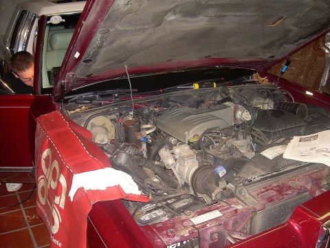 1992 Ford Crown Victoria - The engine bay of a 1992 Ford Crown Victoria is visible with the hood open, and a person is looking into the car.