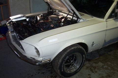 1968 Ford Mustang - White 1968 Ford Mustang with hood open, showing the engine bay and front fender.