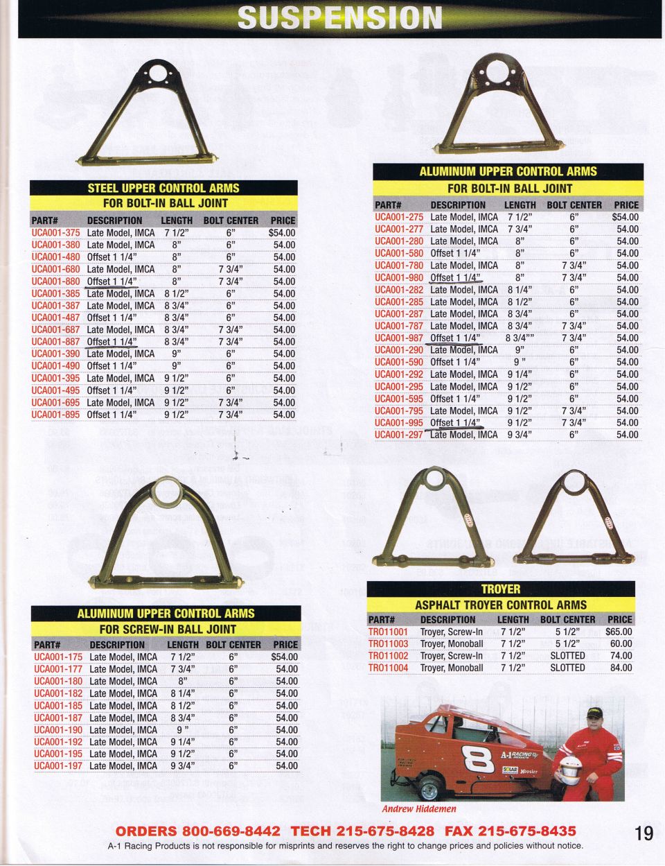 Race suspension catalog page of steel, aluminum and Troyer upper control arms with part numbers and prices