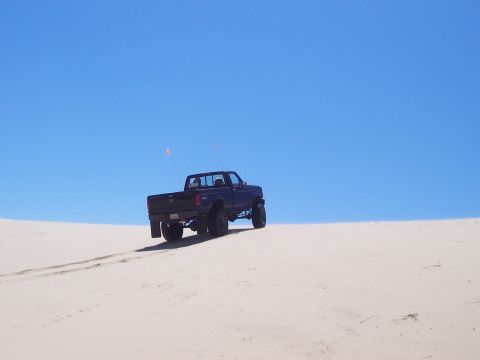 1994 Ford F-150 - A dark blue pickup truck drives up a sand dune under a clear blue sky.