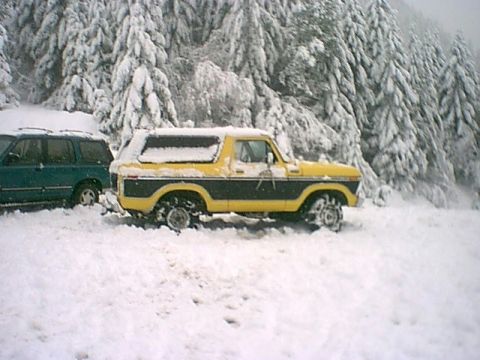1979 Ford Bronco - Two vehicles are stuck in the snow, with a yellow Ford Bronco and a green SUV partially visible.