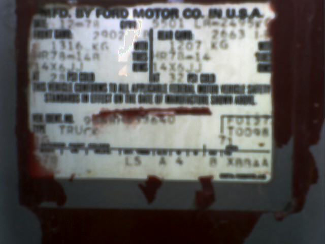 Weathered Ford door-jamb certification label dated 12-78 with GAWR, HR78-14 tire and 14X6JJ rim data