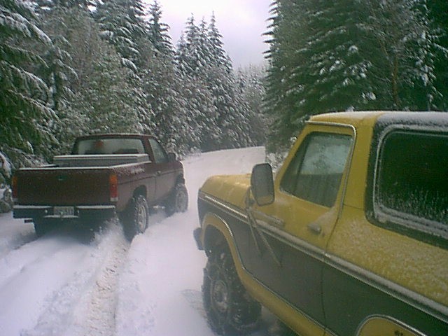 Yellow Ford Bronco and red Ford pickup on a snowy forest road