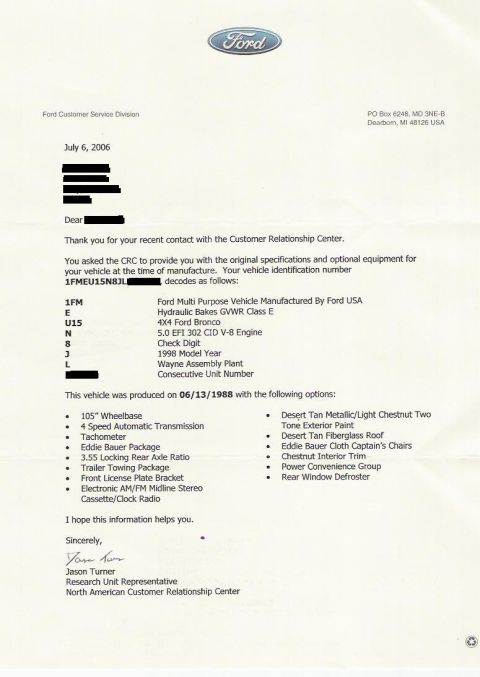 1988 Ford Bronco - Ford Build Letter