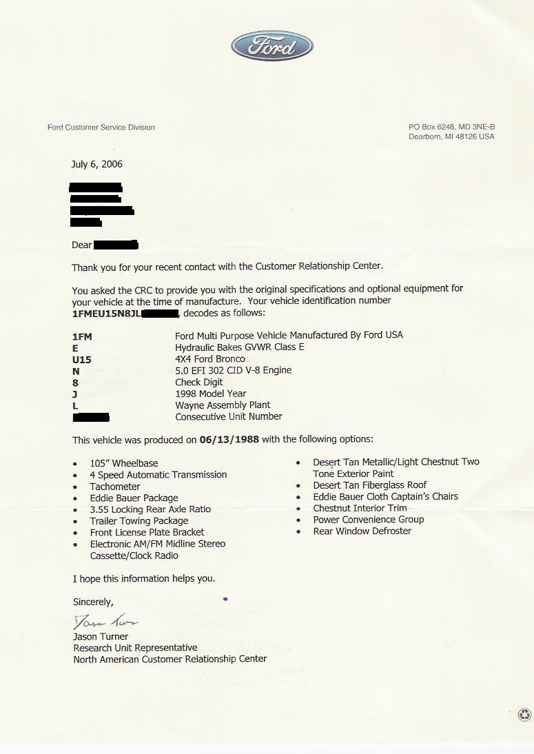 Ford Build Letter