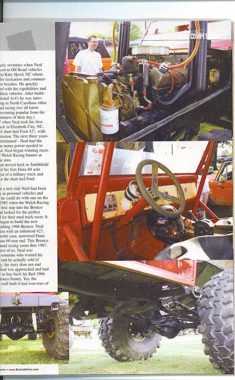 1991 Ford Bronco - The interior of a heavily modified off-road vehicle, a roll cage and a large steering wheel, is shown alongside its engine bay.