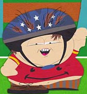1991 Ford Bronco - A cartoon character is depicted wearing a helmet and a red shirt with a smiley face design.