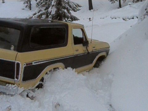 1979 Ford Bronco - A two-tone Ford Bronco is partially buried in snow, with only its front right wheel and side visible.