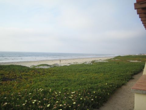 1990 Ford Bronco - wide overcast beach and ocean panorama seen across a green flowering ground-cover slope, with a tiled roof at right.