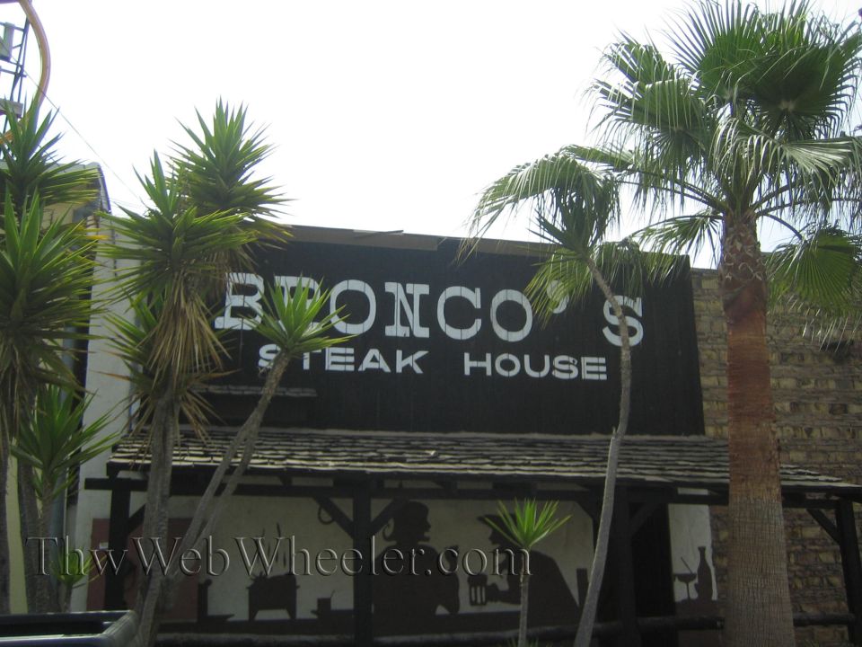 Dark Bronco's Steak House sign on a building behind palm and yucca plants