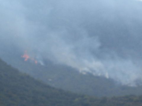 1990 Ford Bronco - Thick smoke shrouds a mountainside while orange flames burn through the vegetation during a wildfire.