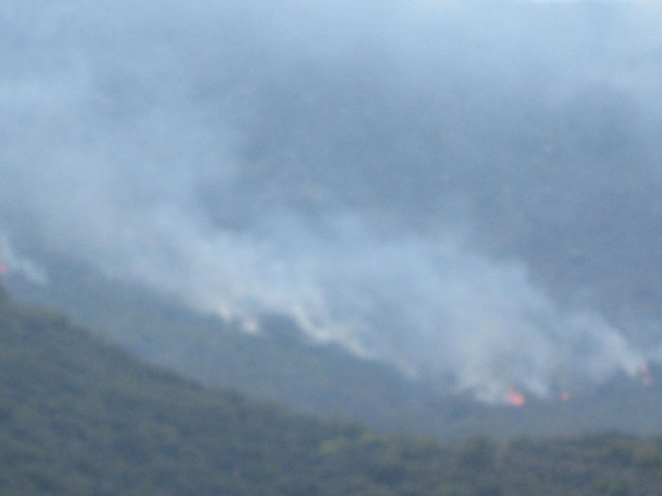 Smoke and small flames spreading across a hazy forested hillside wildfire