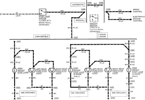 1990 Ford Mustang - Electrical diagram for stop lamp and clutch switch circuits, detailing convertible and door variations.