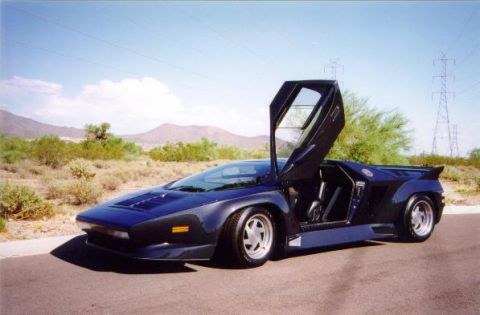 1973 Ford Ranchero - This dark blue sports car features distinctive gullwing doors, photographed in a desert environment.