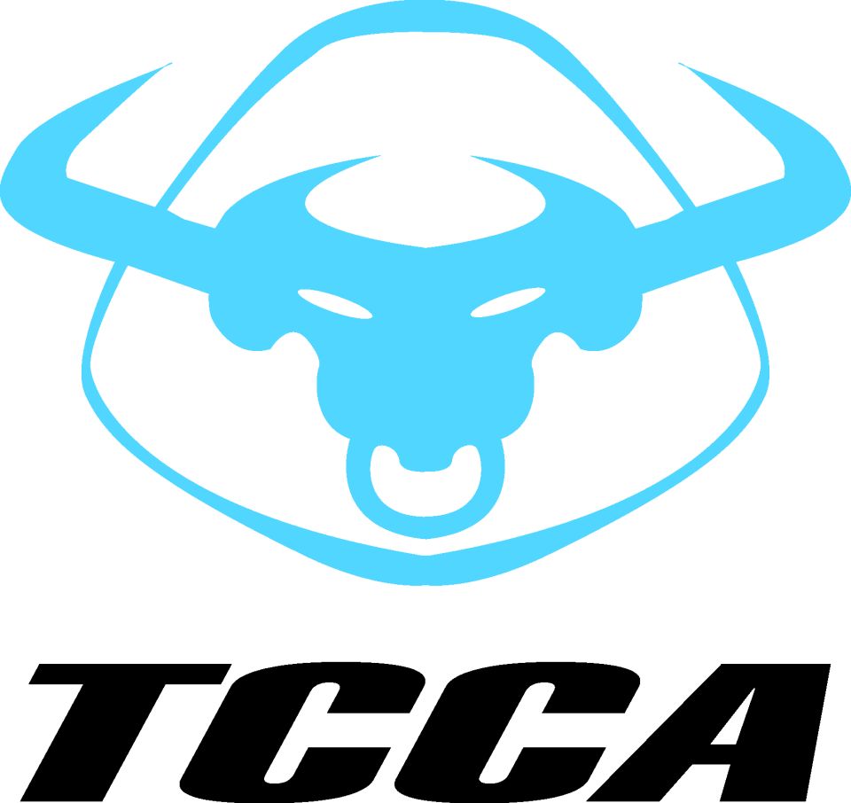 Blue bull head logo above black TCCA text with Supermotors.net URL