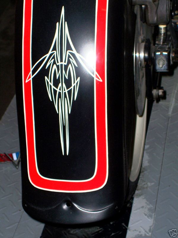 Pinstriped fender with red border and white scrollwork on a motorcycle