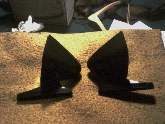 two black car mirrors on a carpeted surface