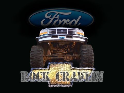 1990 Ford Bronco - Modified 1990 Ford Bronco with oversized tires and "Rock Crawlin" text overlay.