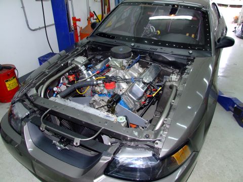 1990 Ford Mustang - Custom V8 engine installed in a car's engine bay, chrome components and aftermarket parts.