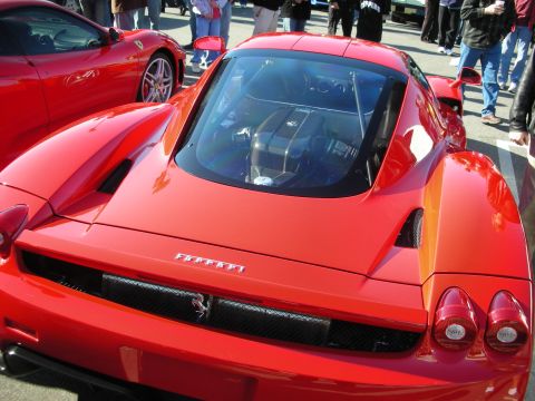 1998 Ford Crown Victoria - Overhead rear view of a red Ferrari Enzo showing the engine cover, FERRARI badge lettering and tail of the car.