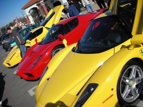 1998 Ford Crown Victoria - Yellow and red Ferrari Enzos lined up at an outdoor meet, prancing-horse badge visible, with onlookers under a clear sky.