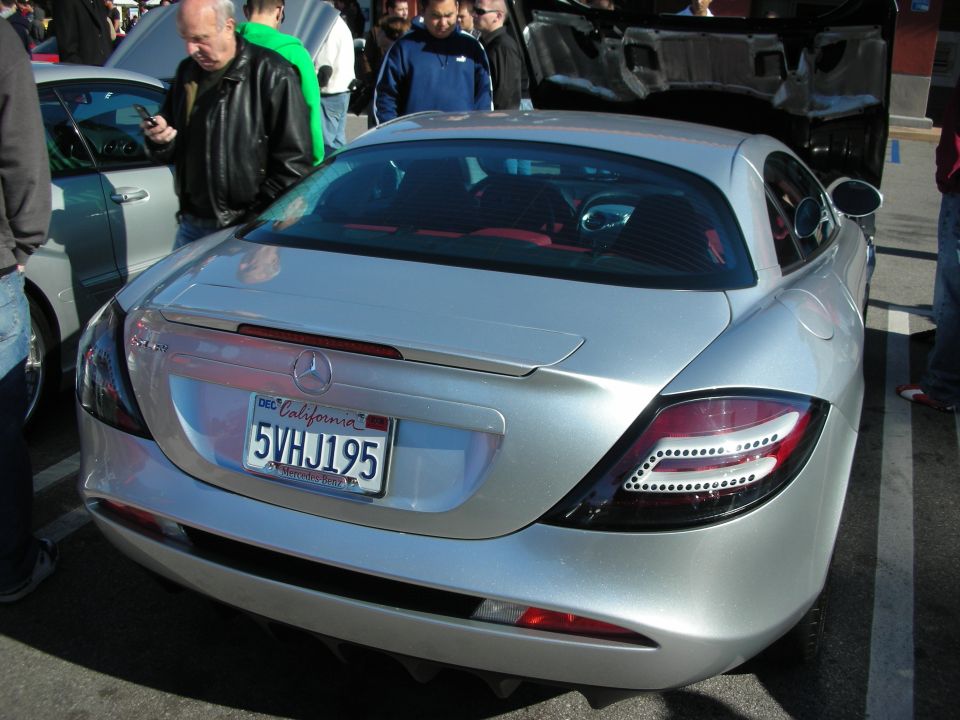 Rear of a silver Mercedes-Benz SLR McLaren with California plate 5VHJ195